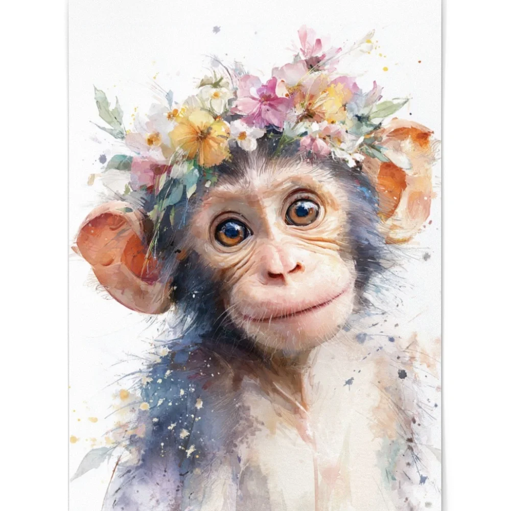 Watercolor Floral Monkey Portrait Wall Art Print Unframed - Playful Jungle Charm - Picture 3 of 6
